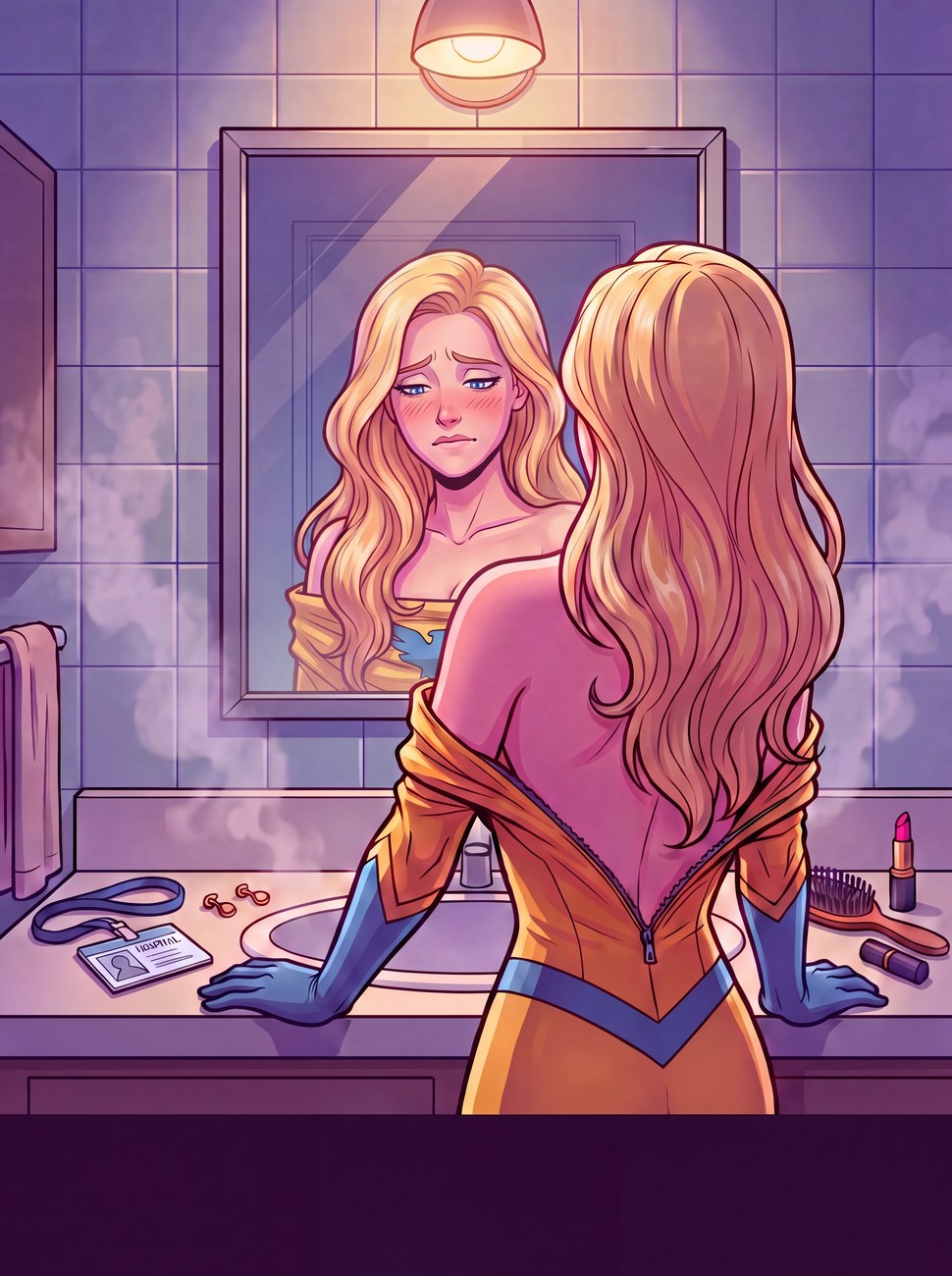 Peeling the suit down at the bathroom mirror, the
            reflection showing the woman the city knows
