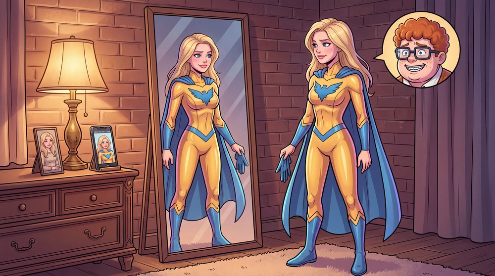 Studying her face in the mirror