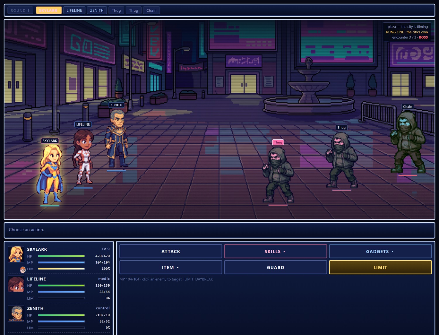 Turn-based battle in the plaza