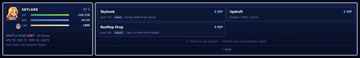 The skill list at the lowest band